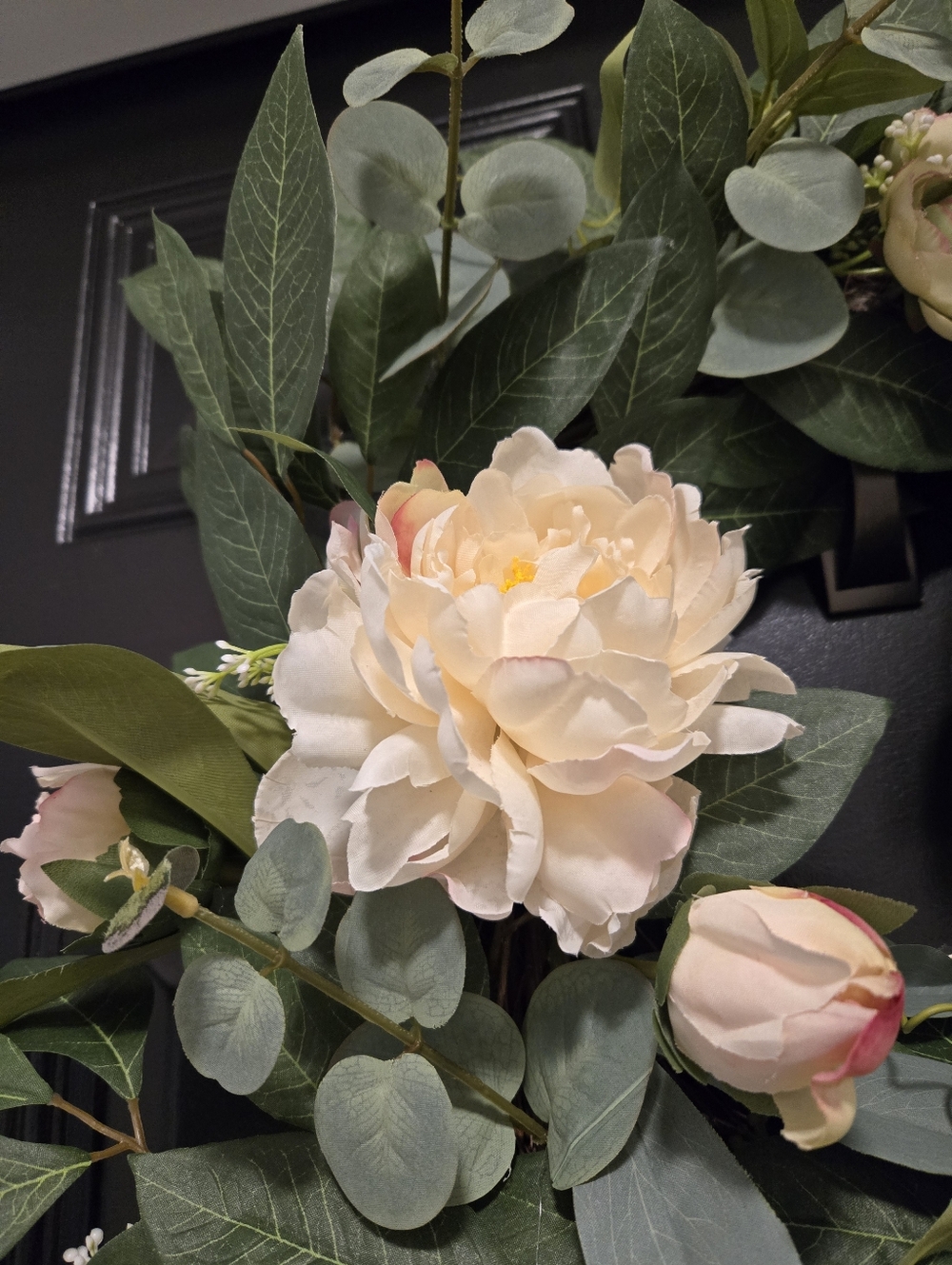 Spring Everyday Wreath with White Peony, Ranunculus, Greenery, and Cotton Bow - Picture 3 of 4